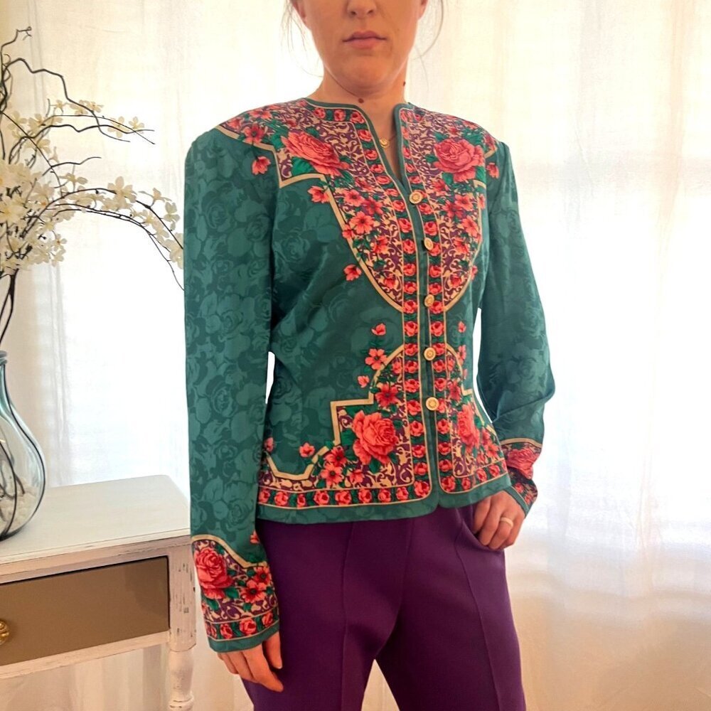 Adrianna Papell Vintage Safe Silk Blouse Jacket English Rose Print Ladies Size10